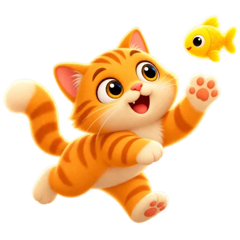 Meowzy orange cat mascot leaping after a goldfish